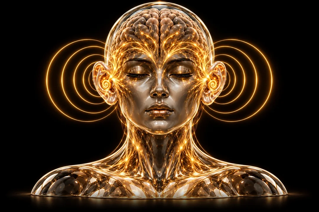 A glowing glass head with golden sound rings radiating from both ears