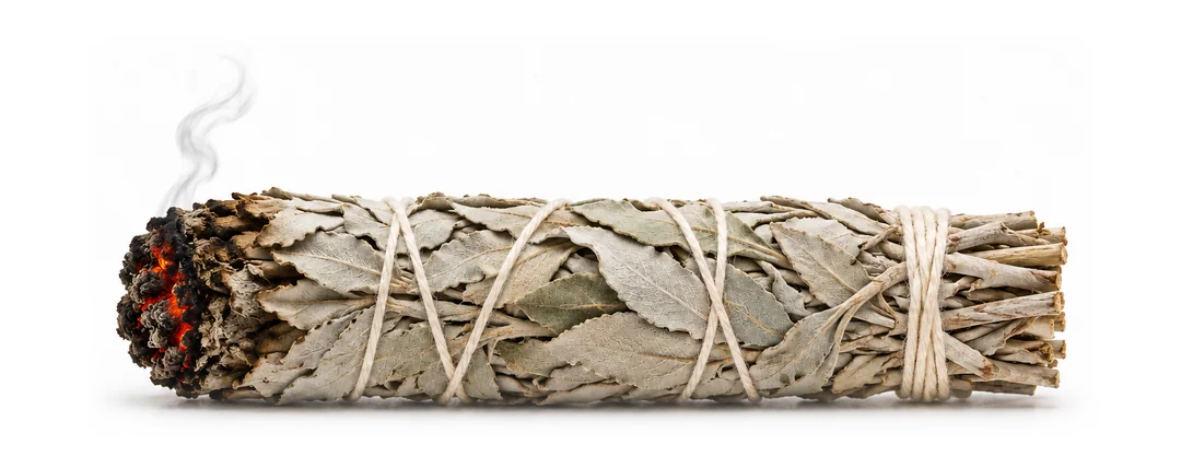 A bundle of dried white sage tied with cotton string, its tip smoldering with a curl of smoke