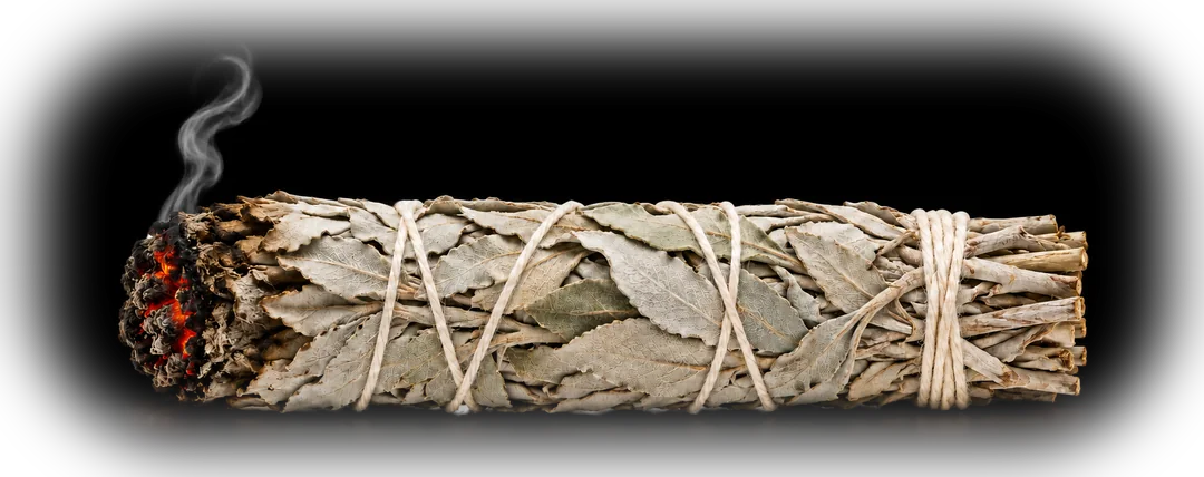 A bundle of dried white sage tied with cotton string, its tip smoldering with a curl of smoke