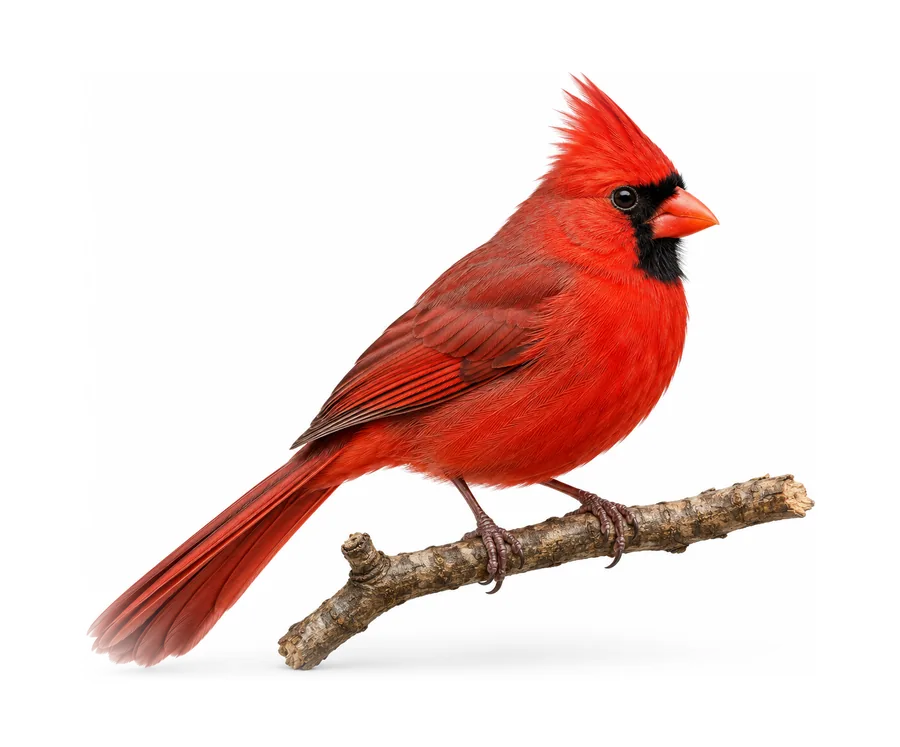 A bright red northern cardinal perched on a twig