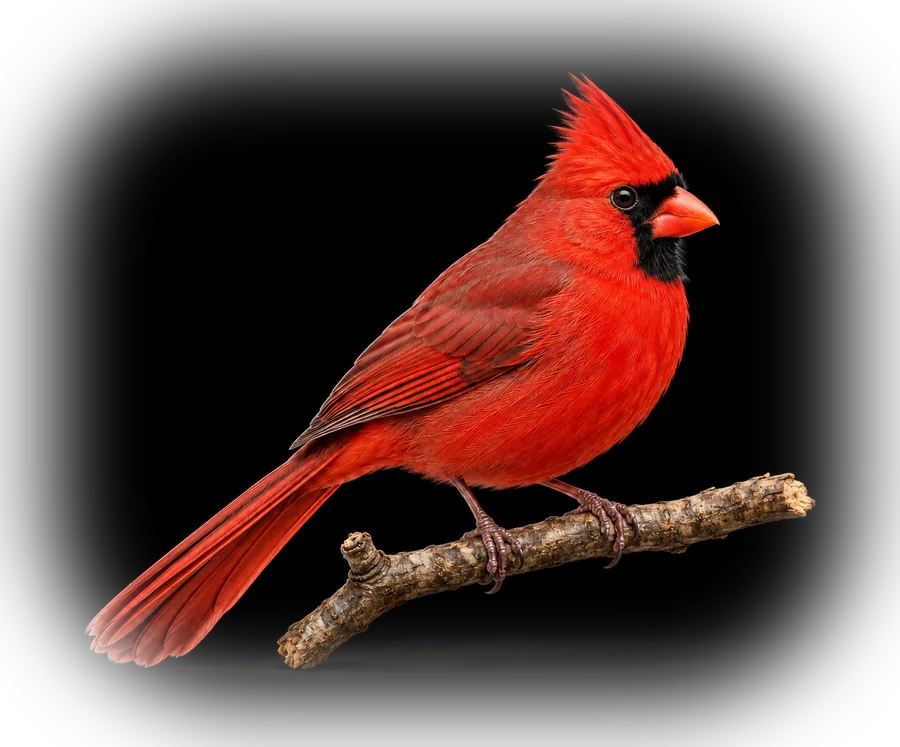 A bright red northern cardinal perched on a twig