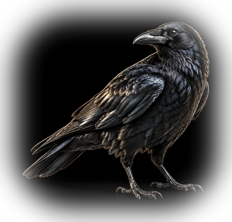 A black crow standing in silver light