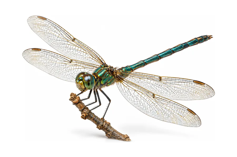 A teal and bronze dragonfly resting on a twig