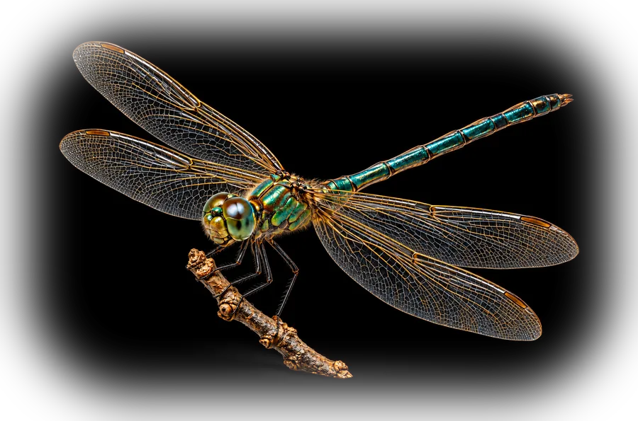 A teal and bronze dragonfly resting on a twig