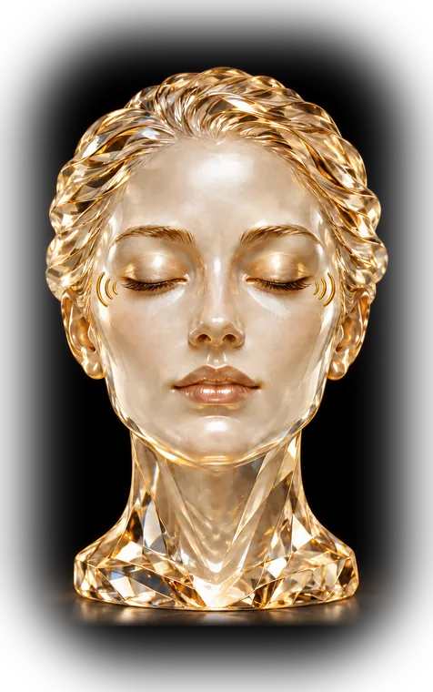 A glowing crystal-glass face with closed eyes