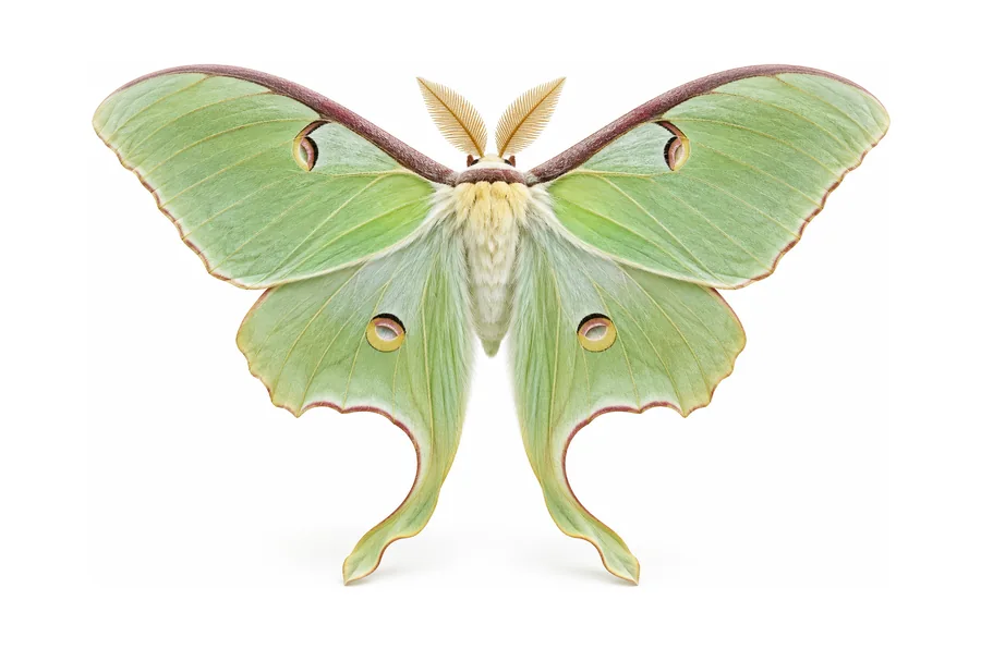 A pale green luna moth with open wings