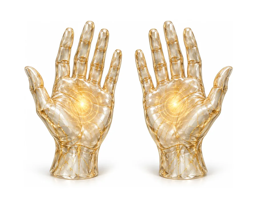 Two golden glass hands with glowing palms
