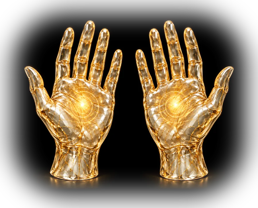 Two golden glass hands with glowing palms