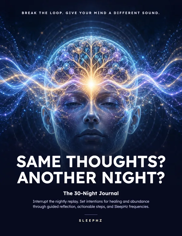 Cover of Same Thoughts? Another Night? The 30-Night Journal by SleepHz: a glowing face with frequency waves