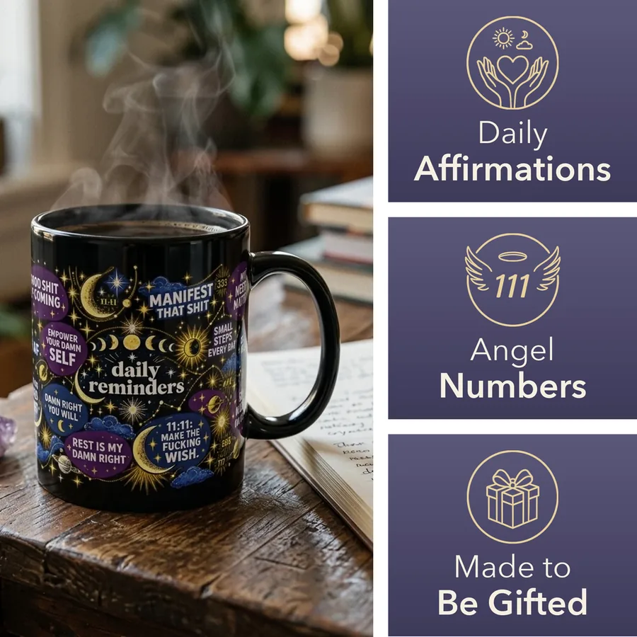 Daily Reminders Affirmation Mug, Celestial Night, with daily affirmations, angel numbers and made to be gifted
